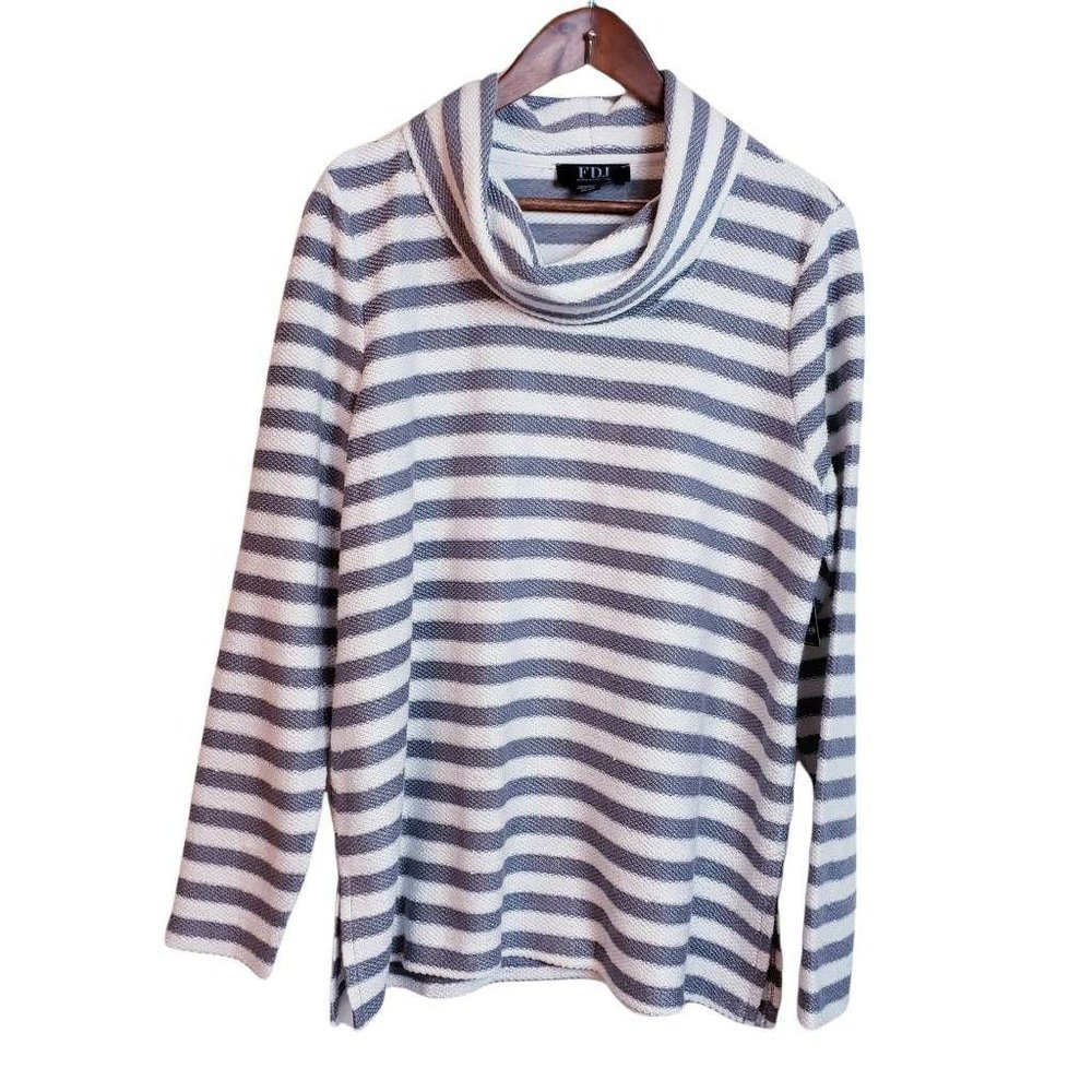 Fdj Collins Fashion Womens Tunic XL Top Gray Stripe Funnel Neck Side Slit New